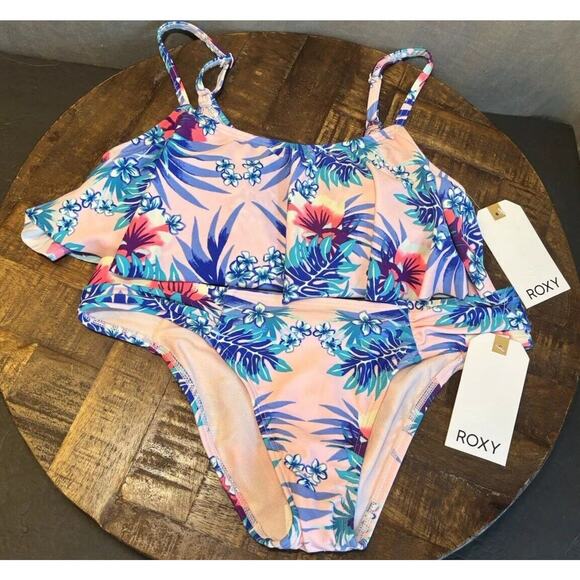 Roxy NWT Pink Hawaiian Flower 2 Piece New Bikini Swimsuit Flutter Top Small - Picture 10 of 16